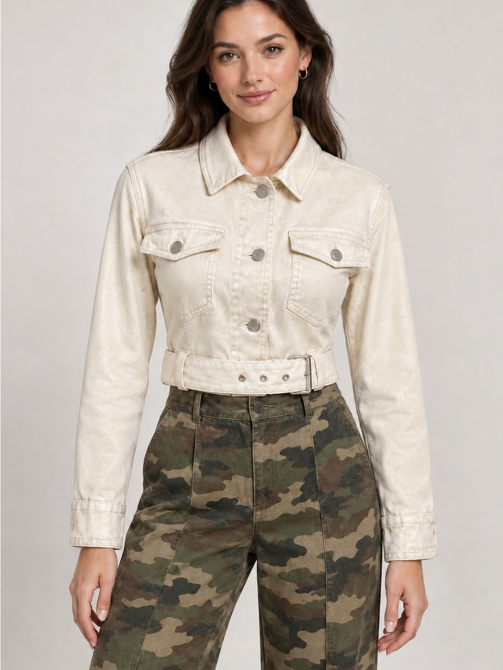 Habitual Cream Cropped Belted Denim Jacket